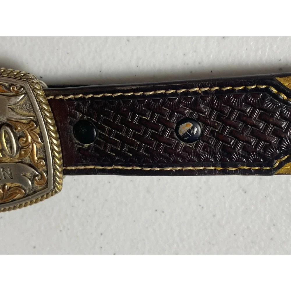 Cavender's Brown Leather Belt with Rodeo Champion 2012 Coin Buckle Men's Size 30